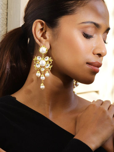Rubans Voguish 18K Gold-Plated Pearl & Zirconia Studded Bold Long Statement Earrings Earrings