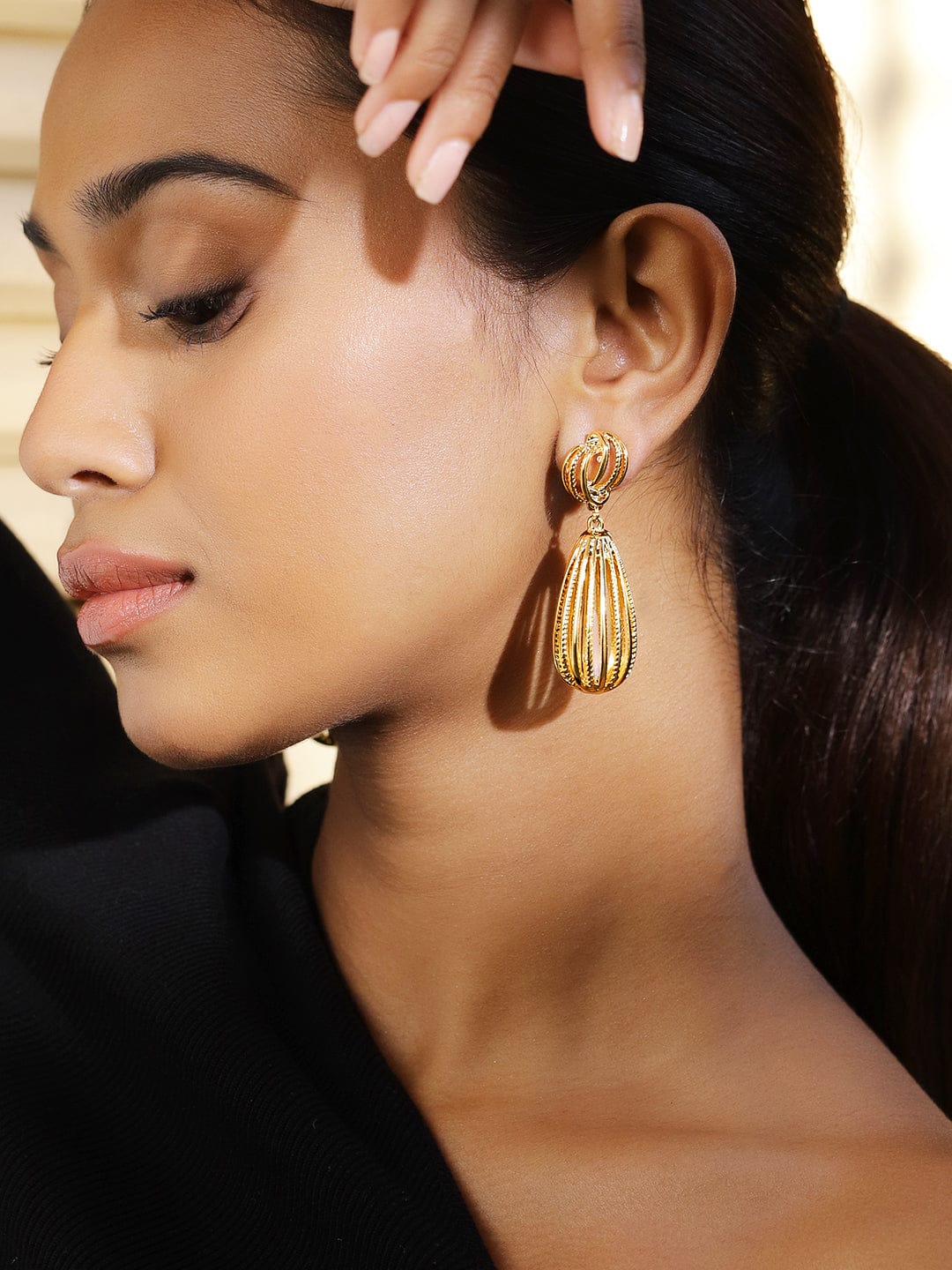 Rubans Voguish 18K Gold-Plated Sculpted Openwork Drop Earring â€“ Elegant & Statement Design Earrings