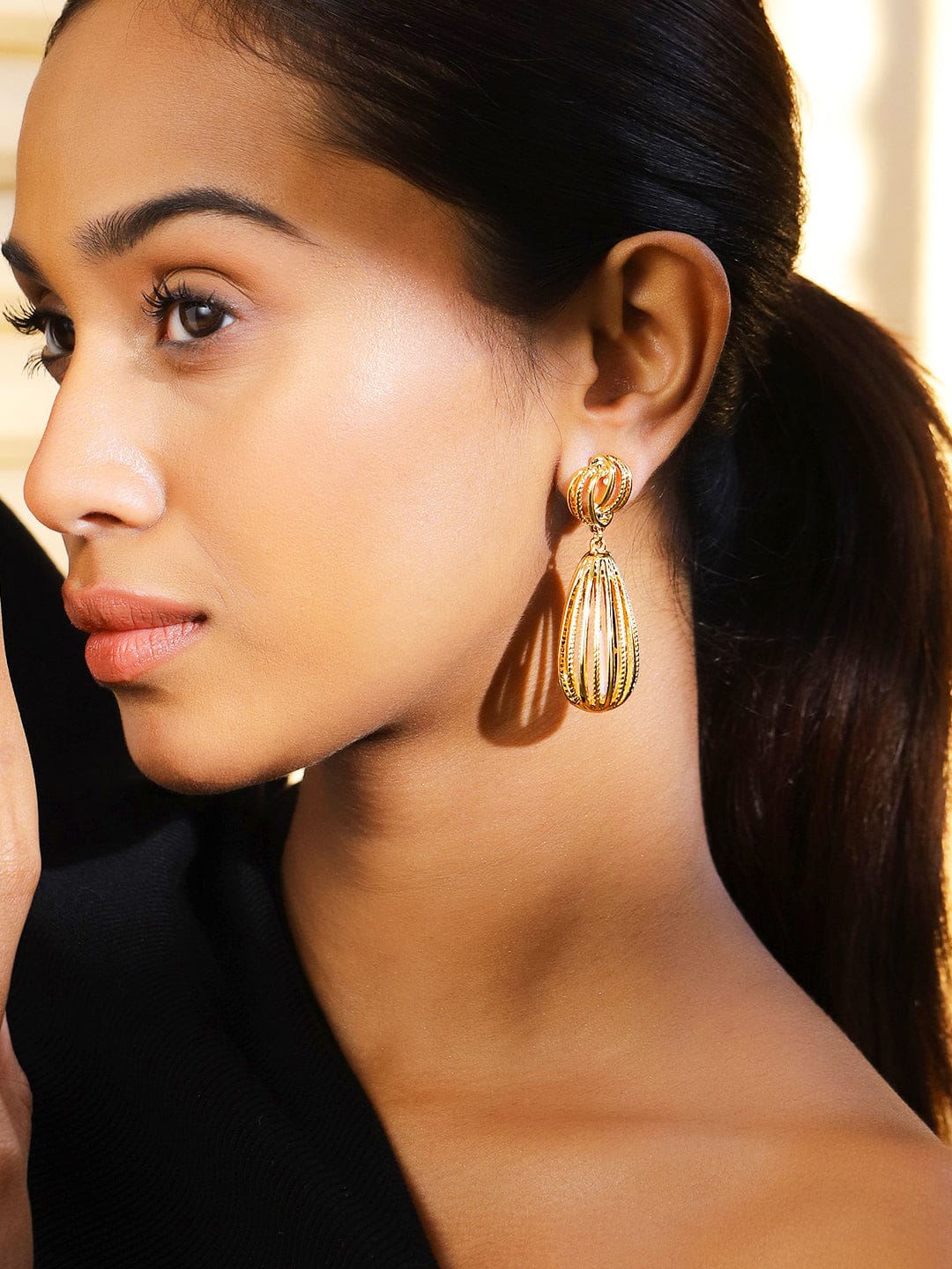 Rubans Voguish 18K Gold-Plated Sculpted Openwork Drop Earring â€“ Elegant & Statement Design Earrings