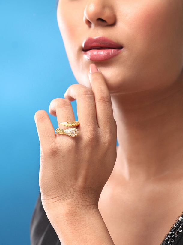 Rubans Voguish 18K Gold Plated Serpent Textured Marquise Zirconia Studded Wrap Ring Rings