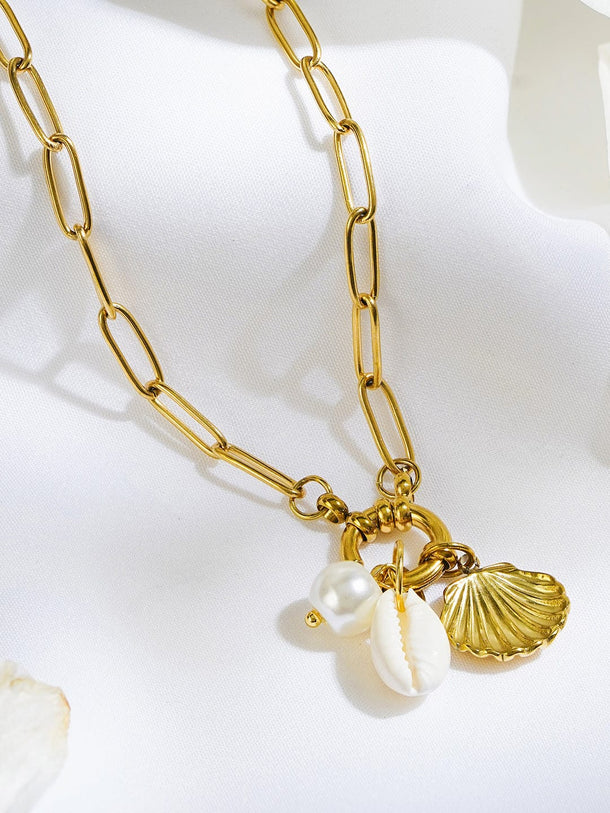 Rubans Voguish 18K Gold-Plated Shell Charm Link Necklace with White Beads & Pearl Accents Necklace & Chains