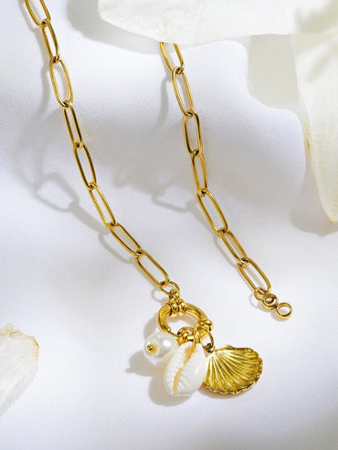 Rubans Voguish 18K Gold-Plated Shell Charm Link Necklace with White Beads & Pearl Accents Necklace & Chains