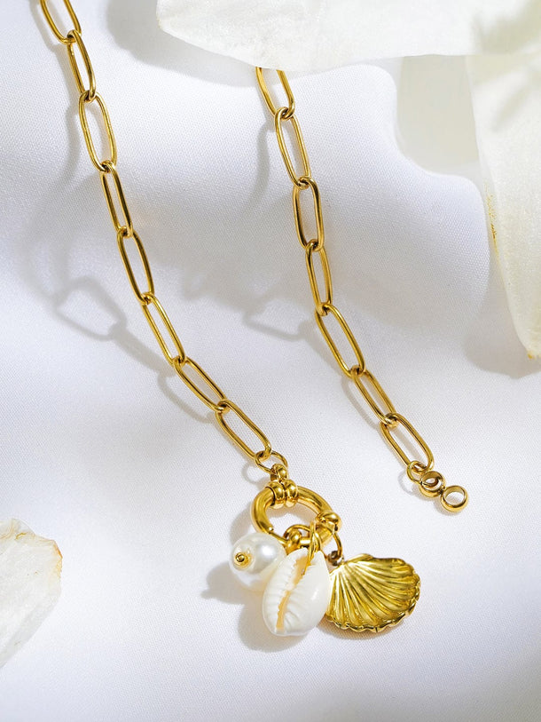 Rubans Voguish 18K Gold-Plated Shell Charm Link Necklace with White Beads & Pearl Accents Necklace & Chains