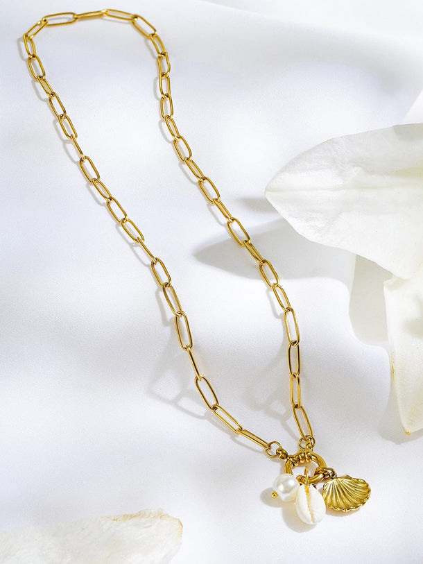 Rubans Voguish 18K Gold-Plated Shell Charm Link Necklace with White Beads & Pearl Accents Necklace & Chains