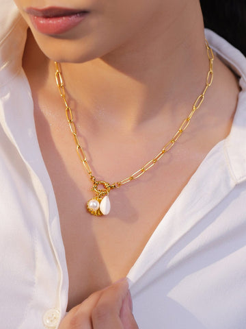 Rubans Voguish 18K Gold-Plated Shell Charm Link Necklace with White Beads & Pearl Accents Necklace & Chains