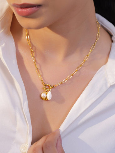 Rubans Voguish 18K Gold-Plated Shell Charm Link Necklace with White Beads & Pearl Accents Necklace & Chains