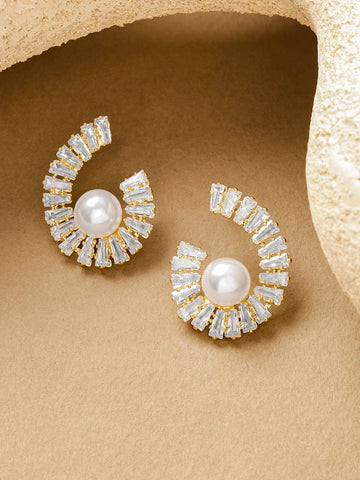 Rubans Voguish 18K Gold-Plated Spiral Crystal AD & White Pearl Stud Earrings Earrings