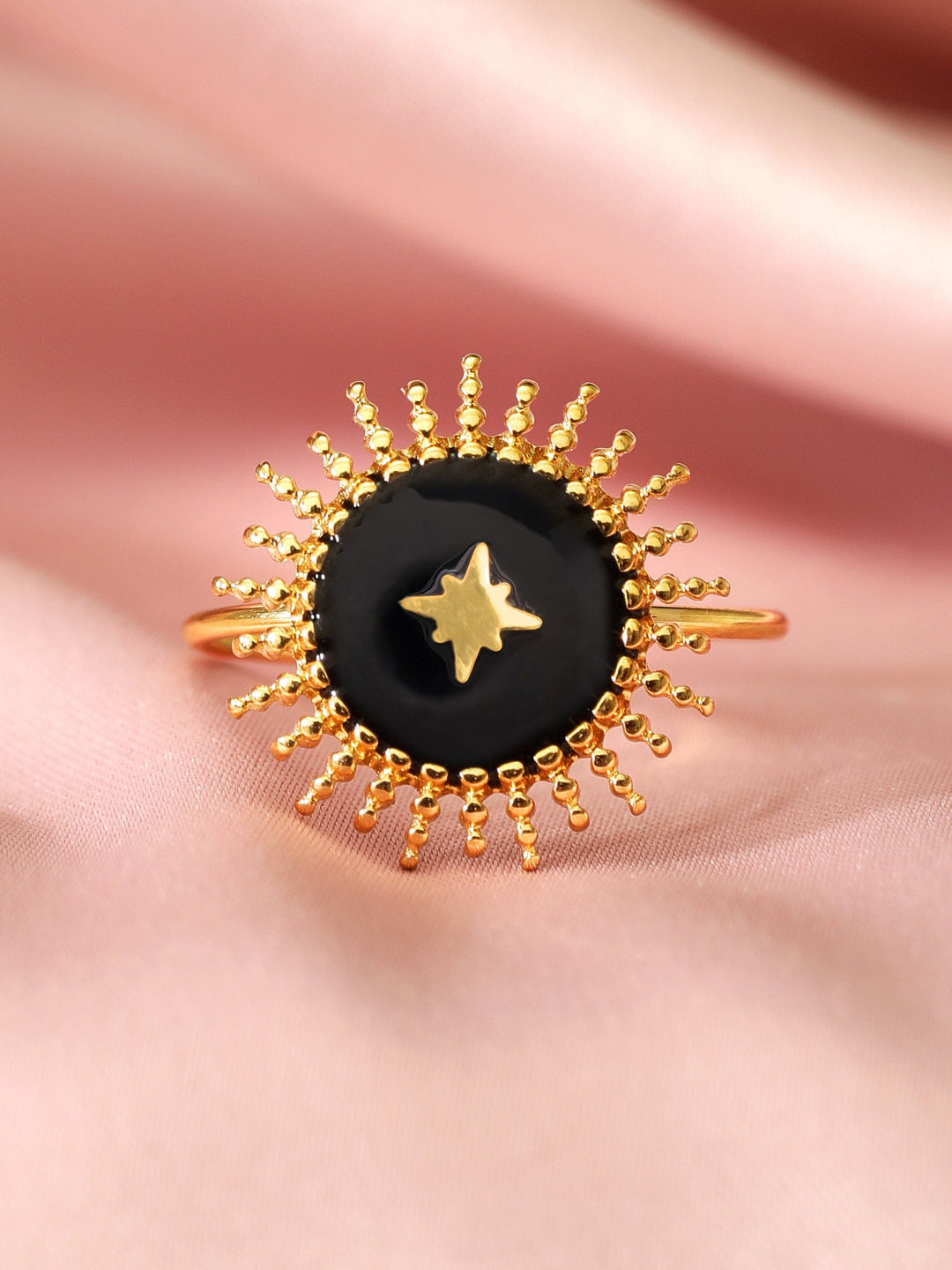 Rubans Voguish 18K Gold Plated Stainless Steel Black Enamel With Star Ring. Rings