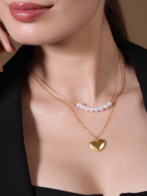 Rubans Voguish 18K Gold Plated Stainless Steel Tarnish-Free Pearl & Heart Layered Necklace Necklace & Chains