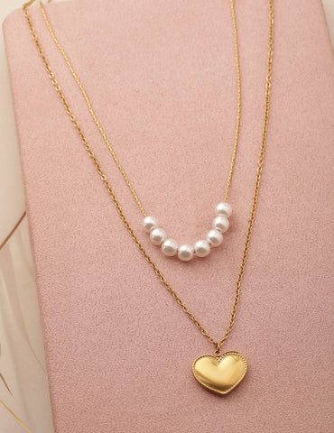 Rubans Voguish 18K Gold Plated Stainless Steel Tarnish-Free Pearl & Heart Layered Necklace Necklace & Chains