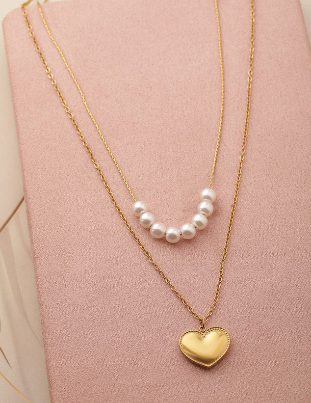 Rubans Voguish 18K Gold Plated Stainless Steel Tarnish-Free Pearl & Heart Layered Necklace Necklace & Chains