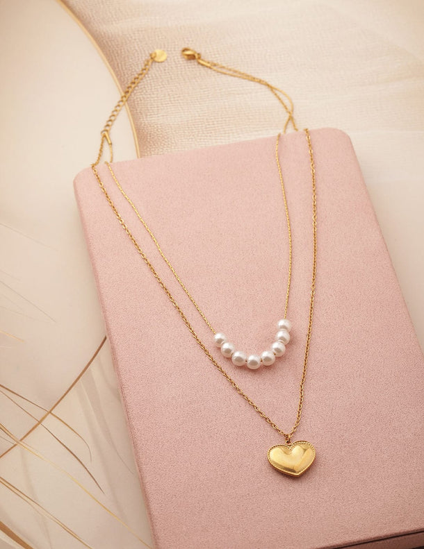 Rubans Voguish 18K Gold Plated Stainless Steel Tarnish-Free Pearl & Heart Layered Necklace Necklace & Chains