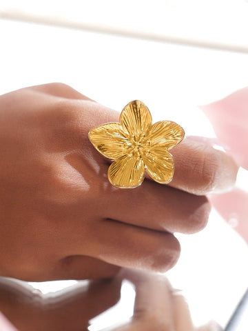 Rubans Voguish 18K Gold-Plated Stainless Steel Tarnish-Free Waterproof Adjustable Floral Statement Ring Finger Rings