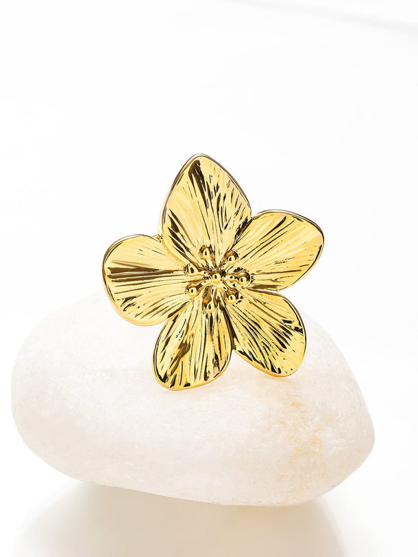 Rubans Voguish 18K Gold-Plated Stainless Steel Tarnish-Free Waterproof Adjustable Floral Statement Ring Rings