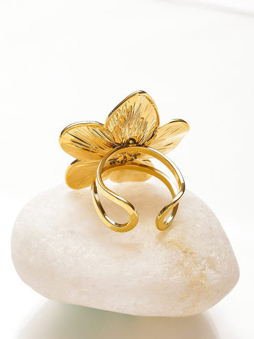 Rubans Voguish 18K Gold-Plated Stainless Steel Tarnish-Free Waterproof Adjustable Floral Statement Ring Rings