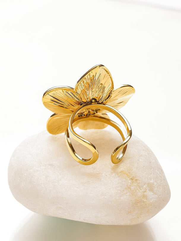 Rubans Voguish 18K Gold-Plated Stainless Steel Tarnish-Free Waterproof Adjustable Floral Statement Ring Rings
