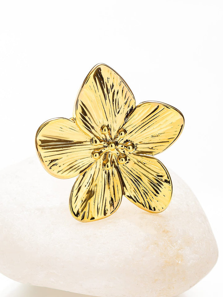Rubans Voguish 18K Gold-Plated Stainless Steel Tarnish-Free Waterproof Adjustable Floral Statement Ring Rings