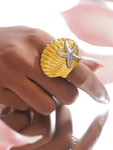 Rubans Voguish 18K Gold-Plated Stainless Steel Tarnish-Free Waterproof Adjustable Shell Pearl Ring Finger Rings