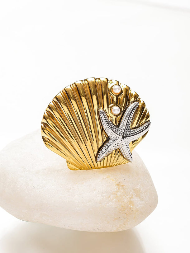 Rubans Voguish 18K Gold-Plated Stainless Steel Tarnish-Free Waterproof Adjustable Shell Pearl Ring Rings