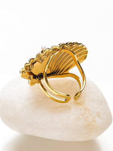 Rubans Voguish 18K Gold-Plated Stainless Steel Tarnish-Free Waterproof Adjustable Shell Pearl Ring Rings