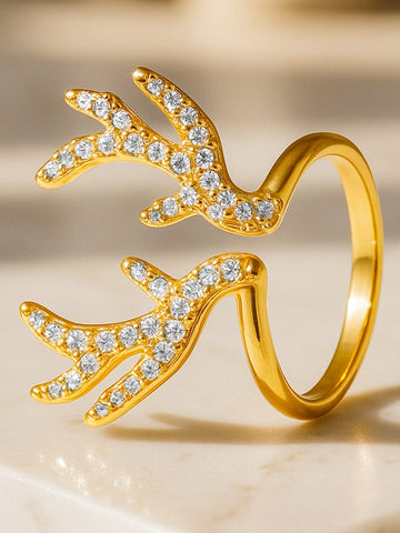 Rubans Voguish 18K Gold-Plated Stainless Steel Tarnish-Free Waterproof Antler Design Adjustable Ring with Cubic Zirconia Detailing Finger Rings