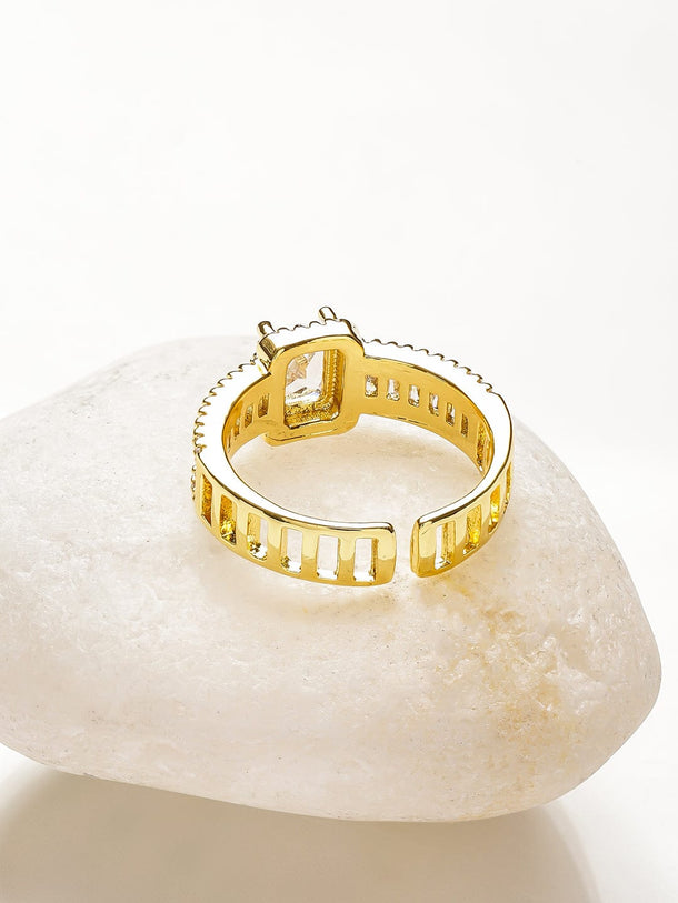 Rubans Voguish 18K Gold-Plated Stainless Steel Tarnish-Free Waterproof Baguette & Solitaire Cubic Zirconia Adjustable Ring Rings