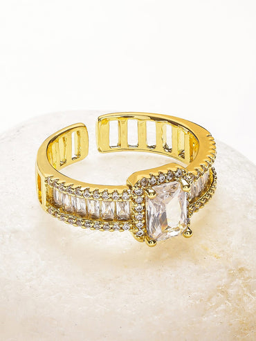 Rubans Voguish 18K Gold-Plated Stainless Steel Tarnish-Free Waterproof Baguette & Solitaire Cubic Zirconia Adjustable Ring Rings