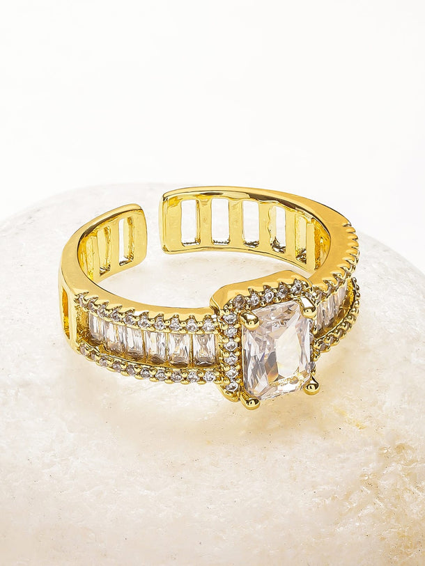 Rubans Voguish 18K Gold-Plated Stainless Steel Tarnish-Free Waterproof Baguette & Solitaire Cubic Zirconia Adjustable Ring Rings