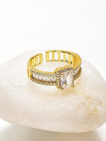 Rubans Voguish 18K Gold-Plated Stainless Steel Tarnish-Free Waterproof Baguette & Solitaire Cubic Zirconia Adjustable Ring Rings