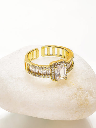 Rubans Voguish 18K Gold-Plated Stainless Steel Tarnish-Free Waterproof Baguette & Solitaire Cubic Zirconia Adjustable Ring Rings