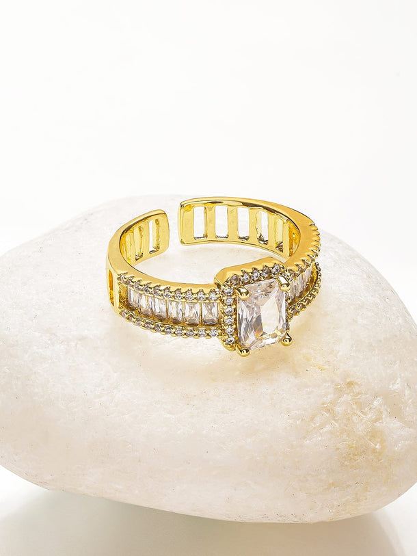 Rubans Voguish 18K Gold-Plated Stainless Steel Tarnish-Free Waterproof Baguette & Solitaire Cubic Zirconia Adjustable Ring Rings
