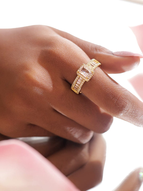 Rubans Voguish 18K Gold-Plated Stainless Steel Tarnish-Free Waterproof Baguette & Solitaire Cubic Zirconia Adjustable Ring Rings