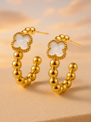 Rubans Voguish 18K Gold-Plated Stainless Steel Tarnish-Free Waterproof Beaded Hoop Earrings with Mother of Pearl Clover Design Hoop Earrings