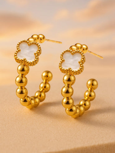 Rubans Voguish 18K Gold-Plated Stainless Steel Tarnish-Free Waterproof Beaded Hoop Earrings with Mother of Pearl Clover Design Hoop Earrings
