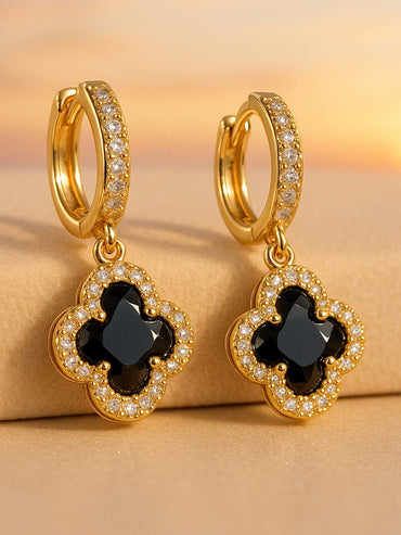 Rubans Voguish 18K Gold-Plated Stainless Steel Tarnish-Free Waterproof Black Clover Drop Earrings with Cubic Zirconia Drop Earrings