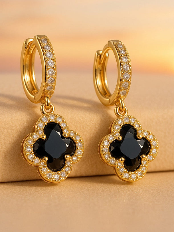Rubans Voguish 18K Gold-Plated Stainless Steel Tarnish-Free Waterproof Black Clover Drop Earrings with Cubic Zirconia Drop Earrings