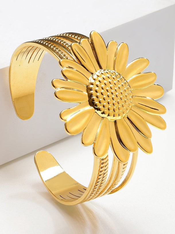 Rubans Voguish 18K Gold-Plated Stainless Steel Tarnish-Free Waterproof Bold Floral Cuff Bracelet Wristwear