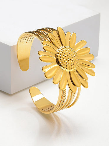 Rubans Voguish 18K Gold-Plated Stainless Steel Tarnish-Free Waterproof Bold Floral Cuff Bracelet Wristwear