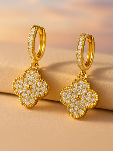 Rubans Voguish 18K Gold-Plated Stainless Steel Tarnish-Free Waterproof Clover Drop Earrings with Cubic Zirconia Earrings