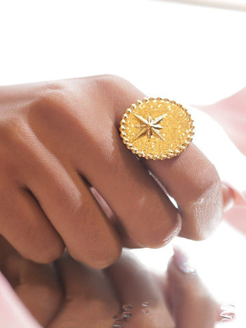 Rubans Voguish 18K Gold-Plated Stainless Steel Tarnish-Free Waterproof Compass Motif Adjustable Statement Ring Finger Rings