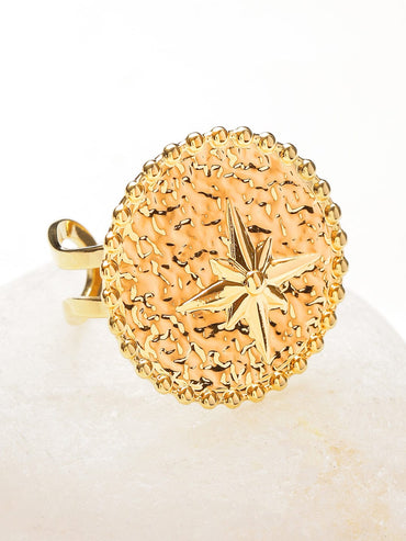 Rubans Voguish 18K Gold-Plated Stainless Steel Tarnish-Free Waterproof Compass Motif Adjustable Statement Ring Rings