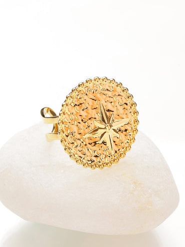 Rubans Voguish 18K Gold-Plated Stainless Steel Tarnish-Free Waterproof Compass Motif Adjustable Statement Ring Rings
