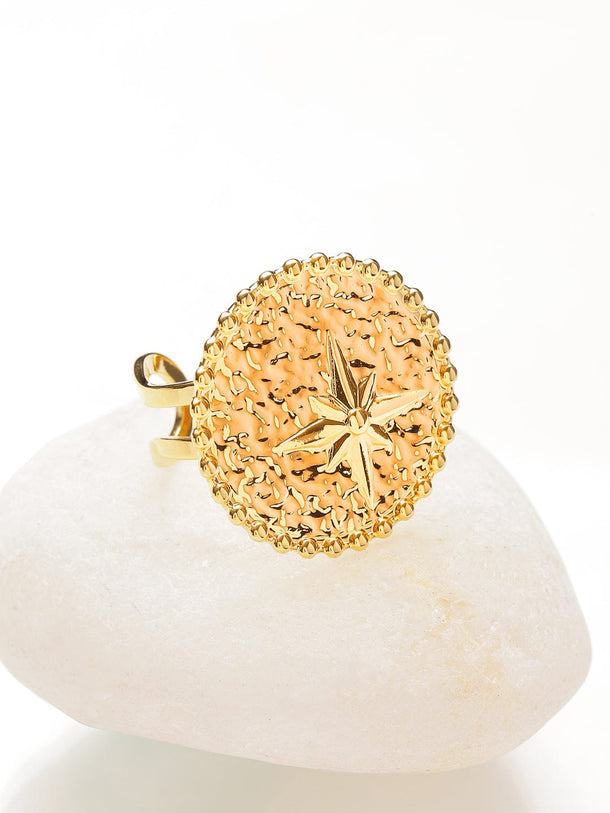 Rubans Voguish 18K Gold-Plated Stainless Steel Tarnish-Free Waterproof Compass Motif Adjustable Statement Ring Rings