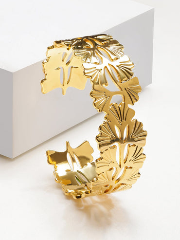 Rubans Voguish 18K Gold-Plated Stainless Steel Tarnish-Free Waterproof Cutwork Leaf Design Cuff Bracelet Bracelet