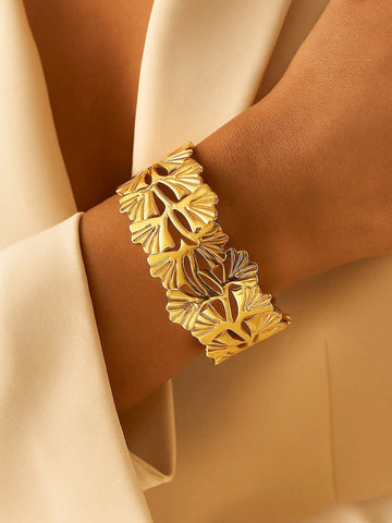 Rubans Voguish 18K Gold-Plated Stainless Steel Tarnish-Free Waterproof Cutwork Leaf Design Cuff Bracelet Bracelet