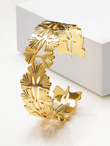 Rubans Voguish 18K Gold-Plated Stainless Steel Tarnish-Free Waterproof Cutwork Leaf Design Cuff Bracelet Bracelet