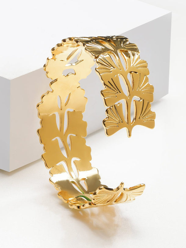 Rubans Voguish 18K Gold-Plated Stainless Steel Tarnish-Free Waterproof Cutwork Leaf Design Cuff Bracelet Bracelet