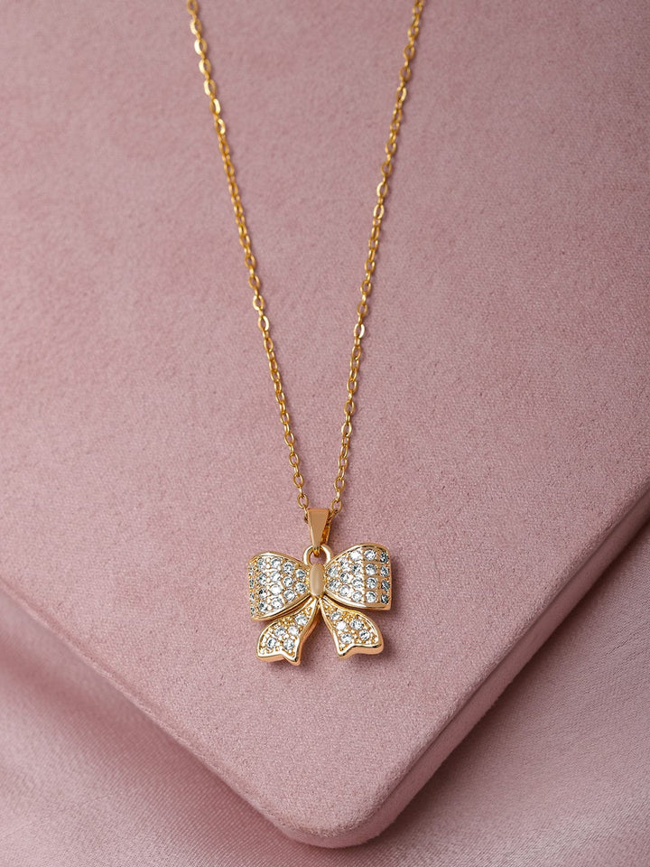 Rubans Voguish 18K Gold Plated Stainless Steel Tarnish-Free Waterproof CZ Studded Bow Pendant Necklace Necklace & Chains