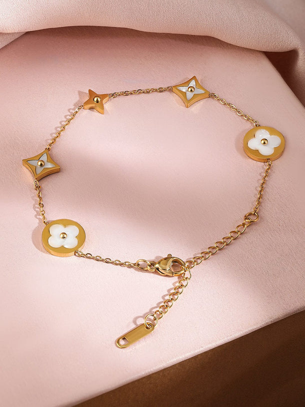 Rubans Voguish 18K Gold-Plated Stainless Steel Tarnish-Free Waterproof Floral Charm Bracelet Wristwear