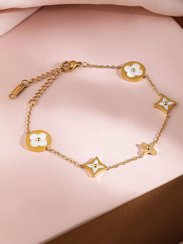 Rubans Voguish 18K Gold-Plated Stainless Steel Tarnish-Free Waterproof Floral Charm Bracelet Wristwear